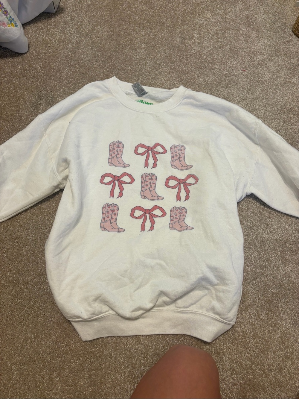 White Sweatshirt with Pink Boot and Bow Graphic